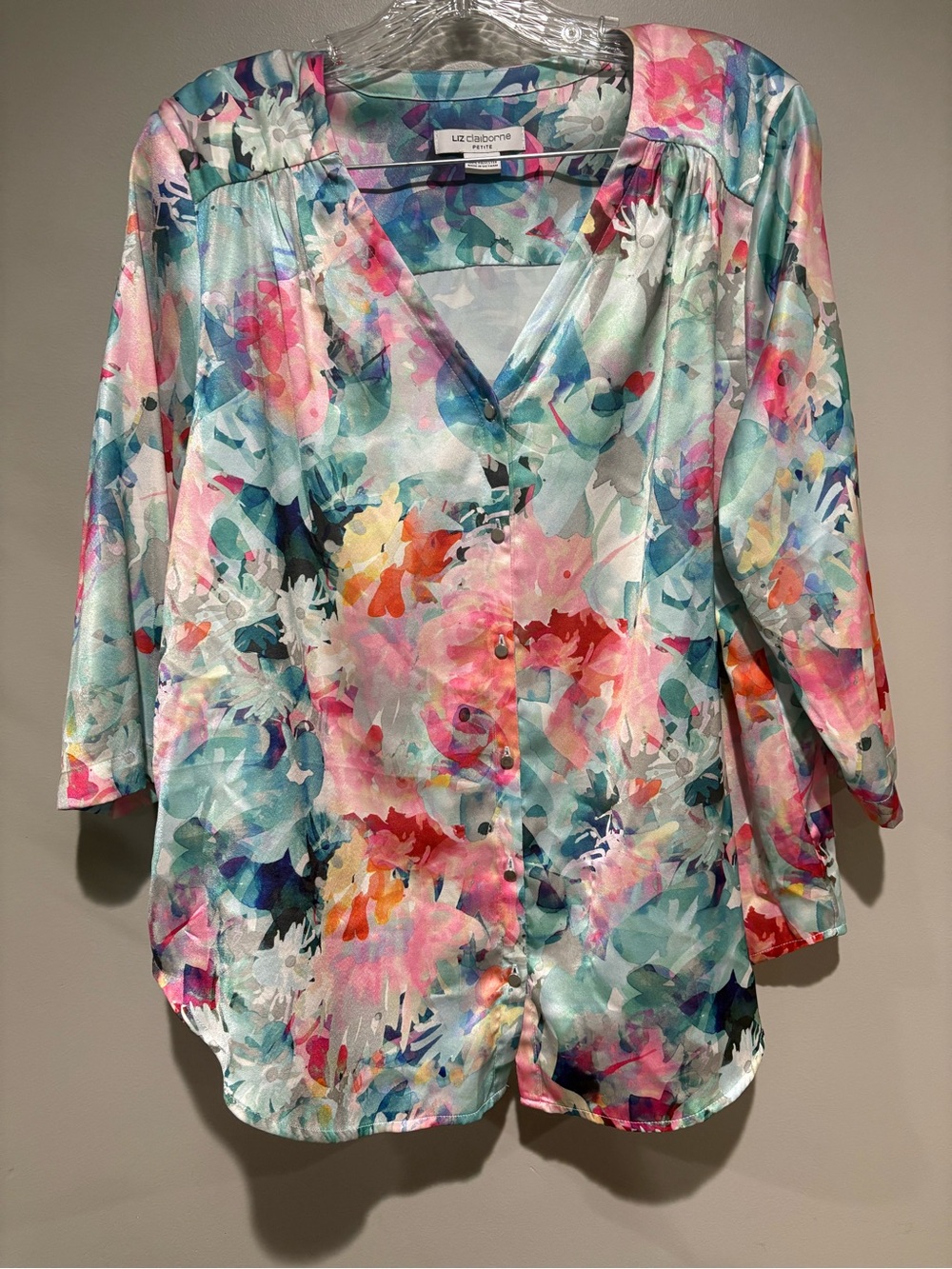Liz Claiborne Pastel Floral V-Neck Button Front Blouse - Pink, Teal, Coral